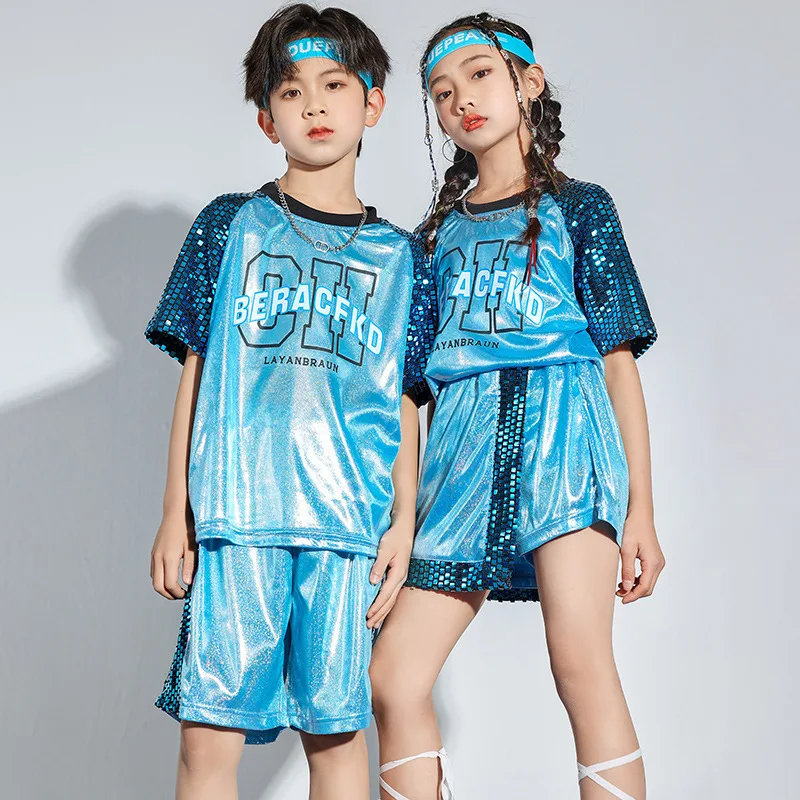 Boys Hip Hop Blue T shirt Girl Jazz Shorts 2 Pcs Set Kids Sequin Shine Street Dance Cheerleading Stage Performance Uniform