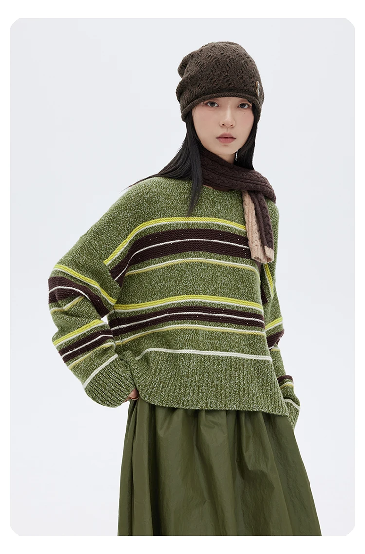 Spring and Autumn New Women's Sweater, Fashionable Commuting Striped Contrasting Round Neck 100 Pure Wool Knitted Sweater