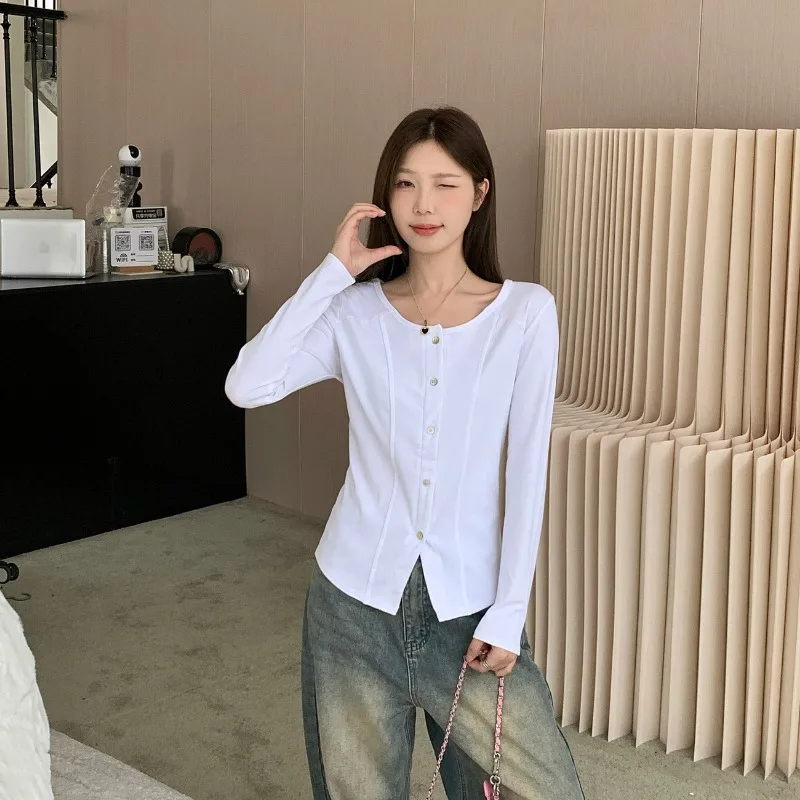 Women Irregular Fishbone Front Long Sleeve T Shirt Plus Size Slim Fit Base Top
