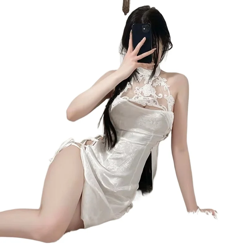 

Sexy Mesh Cheongsam Embroidery Lingerie Dress Women Chemise Sleepwear Set Chinese Style Lace Hollow Out Qipao Erotic Temptation