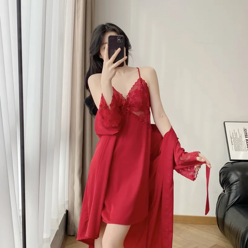 

Red Long Robe Set Sexy Lace Trim Lingerie Female Loungewear Ice Silk Home Clothes Lady Spaghetti Strap Home Dressing Gown