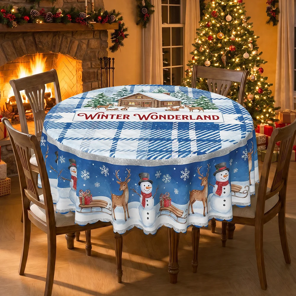 Winter Wonderland Yeti Cabin Deer Seed Polyester Printed Tablecloth, Round Table Cover