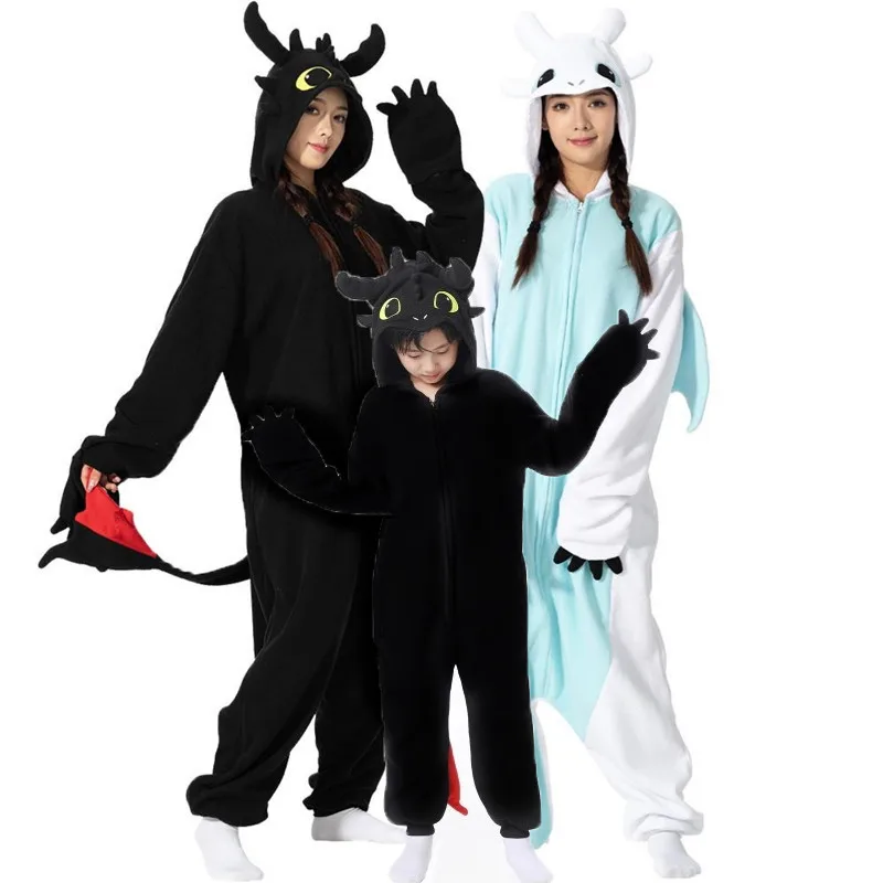 XXL Kids Black Animal Cartoon Onesie White Adult Women Men Kigurumis Pyjamas Halloween Cosplay Party Costume Christmas Homewear