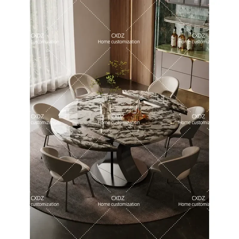 Square to Round Dining Table Telescopic Folding Natural Marble High End Snow Capped Mountain Blue Italian Minimalist Dual