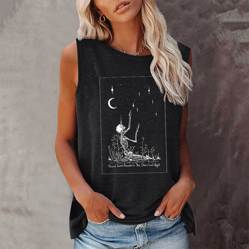 Seeyoushy Funny Skull Picking Stars Print Women T Shirts O Neck Summer Loose Graphic T Shirts Vintage 90s Sleeveless Tees Tops