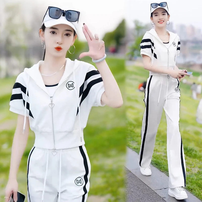 Short sleeve top with zipper for women casual suit high waist pants wide leg pants loose fashion summer