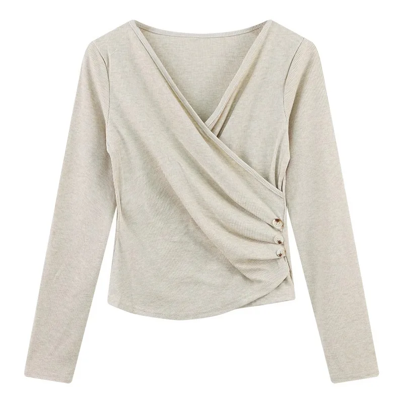 Koreanisches unregelmäßiges Langarm-T-Shirt mit V-Ausschnitt für Damen im Herbst und Winter, schmale Passform, kurzes Basis-Shirt-Oberteil im Western-Stil