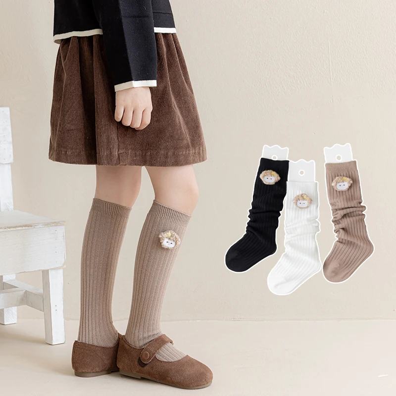 Cute Girls Spring Autumn Socks Embroidered Fluffy Sheep Decor Vertical Stripes Solid Color Comfort Soft Stretchy Mid Calf Socks