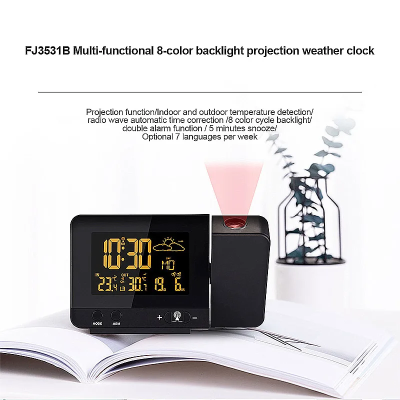 Weather Station Projection Clock 8 Color Cycling Backlights With Wireless Sensor Calendar Temperature Time Display Charging