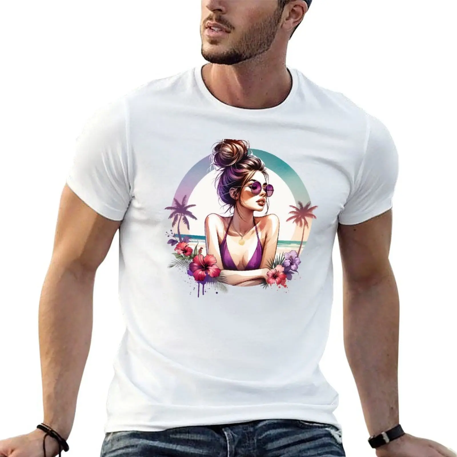 

Messy Bun Babe on Beach - Purple T-Shirt t shirts for man cotton funny t shirt man designer t shirts cotton 100% T-Shirt