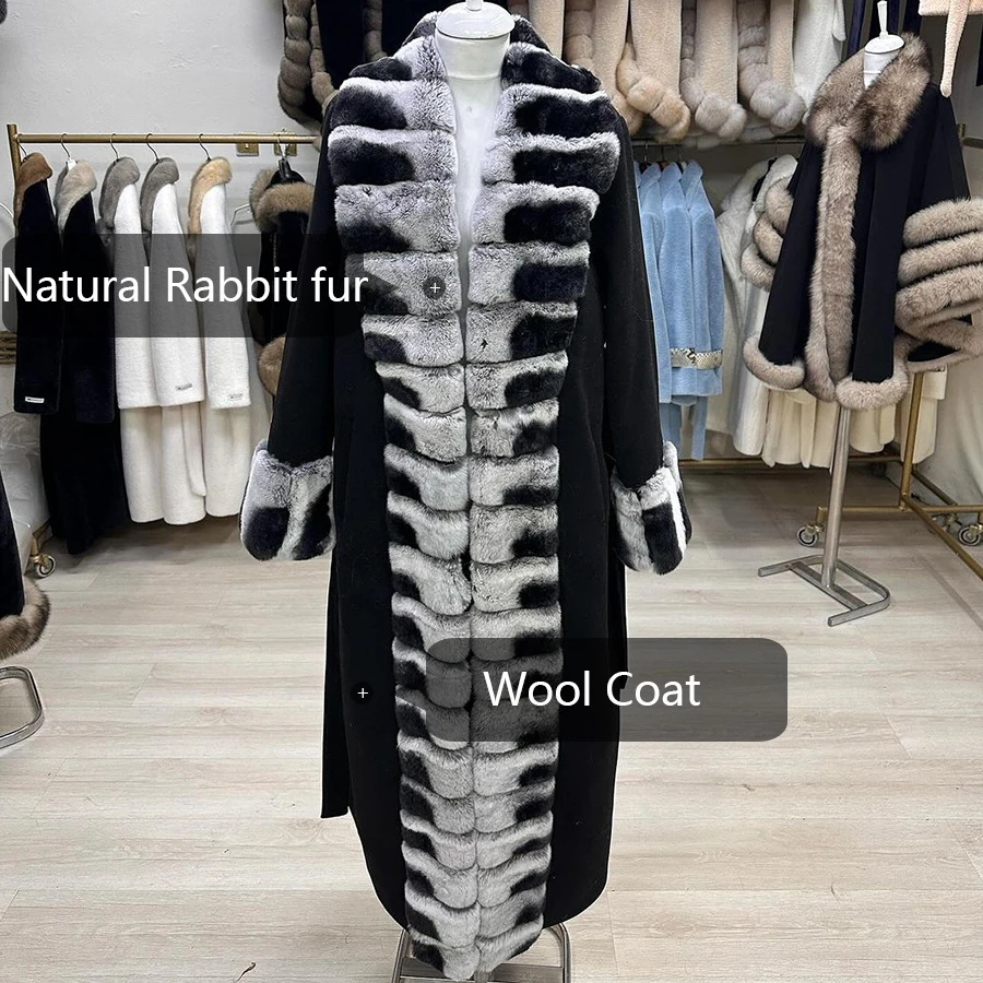 New Cashmere Coat Women Wool Blends Long  Wool Coat Women Luxury High Quality New Cashmere Coat Women Wool Real Rabbit Collar