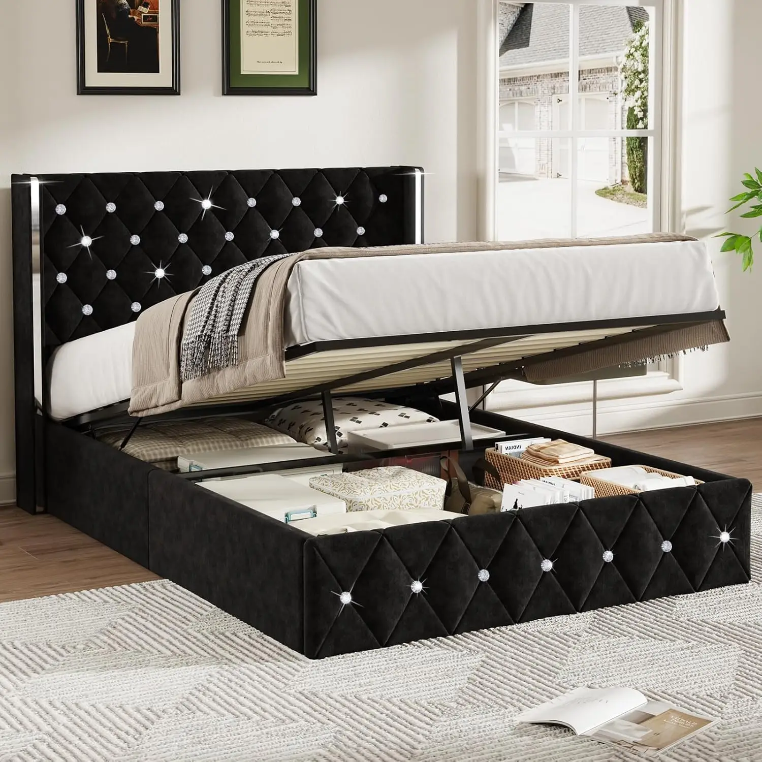 Upholstered Queen Size Storage Bed Frame Soft Velvet Diamond Headboard Silver Wingback Hydraulic Storage Wood Slat Support Black