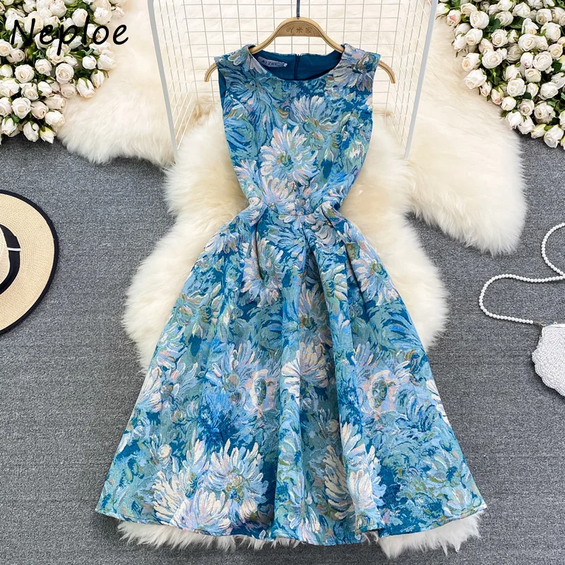 Neploe Court Style Oil Painting Jacquard Robes Summer 2024 Retro Vestidos Round Neck Sleeveless Slim Waist Mid-length Dress