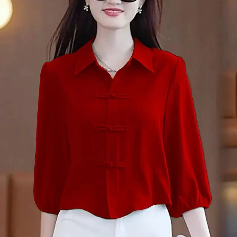 

Loose Women's irt Summer Sle Casual Collar Button up Slimming Seven-Quarter Sve Belly Covering Top