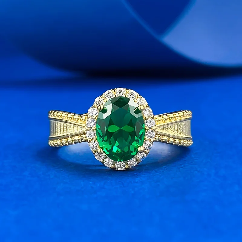 

CKT Vintage 100% 925 Sterling Silver 6*8MM Oval Emerald High Carbon Diamond Ring 18k Gold Plated Anniversary Jewelry Gifts