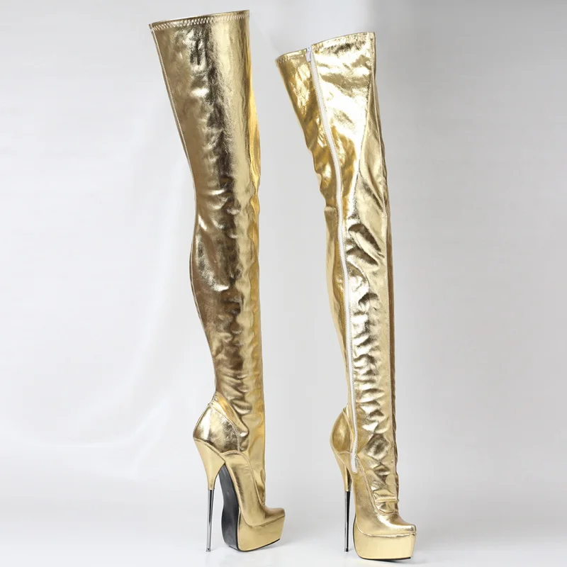 CACA Thigh High Bellet Boots,21cm Stiletto Metal Heel Fetish Long Botas,Men Dance Shoes,Sexy Platforms,Zipper,Gold,Custom Colors