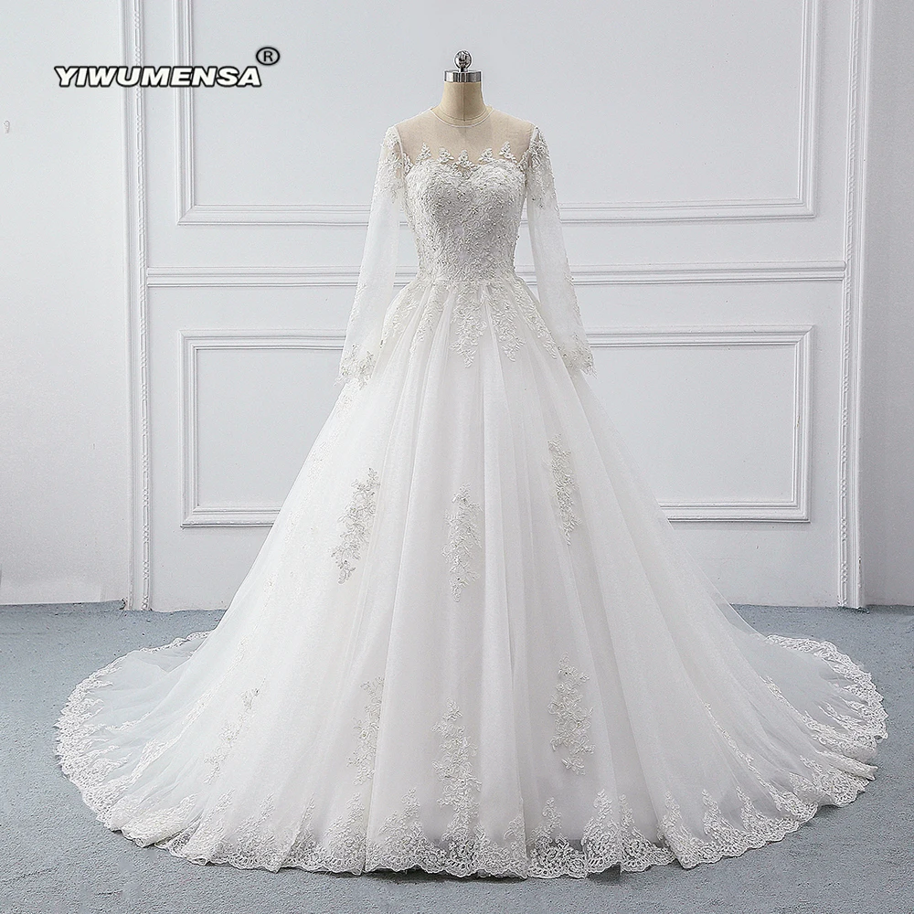 Vestidos de casamento princesa moderna para o casamento das mulheres mangas compridas o pescoço apliques marfim noiva formal a linha vestidos feitos sob encomenda novo