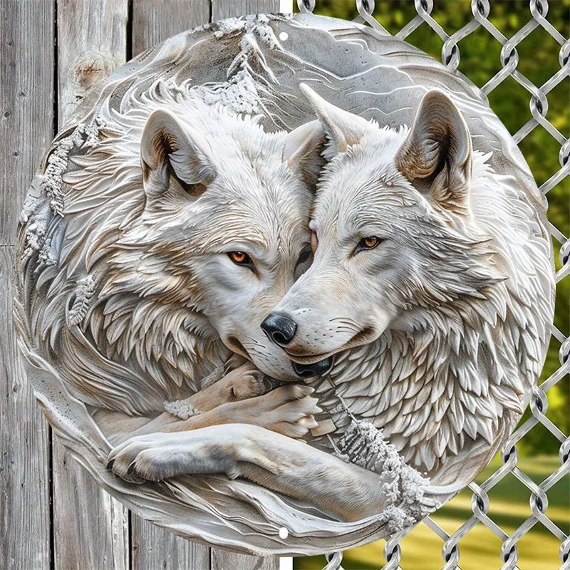 Aluminum Wolf Decorative Sign Art Set, Waterproof Metal Wall Art, Circular Design for Home, Garden, Outdoor Decor