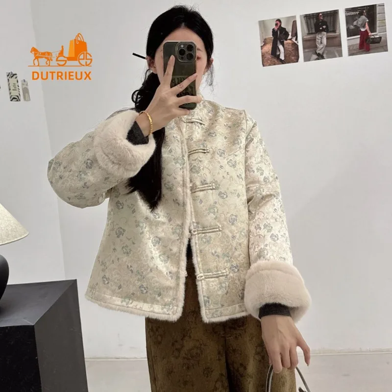 New Winter Reversible Fur Coat for Women, 100% Suede, Fashionable Travel Office Warm Buttoned Floral Coat Fur Jacket for Women