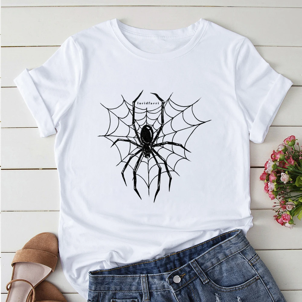 

SPIDER White Summer Woman T Shirt Art Printing Design Oversized Short Sleeve Comfort Female Tee Y2K Graphic Loose Cool Girl