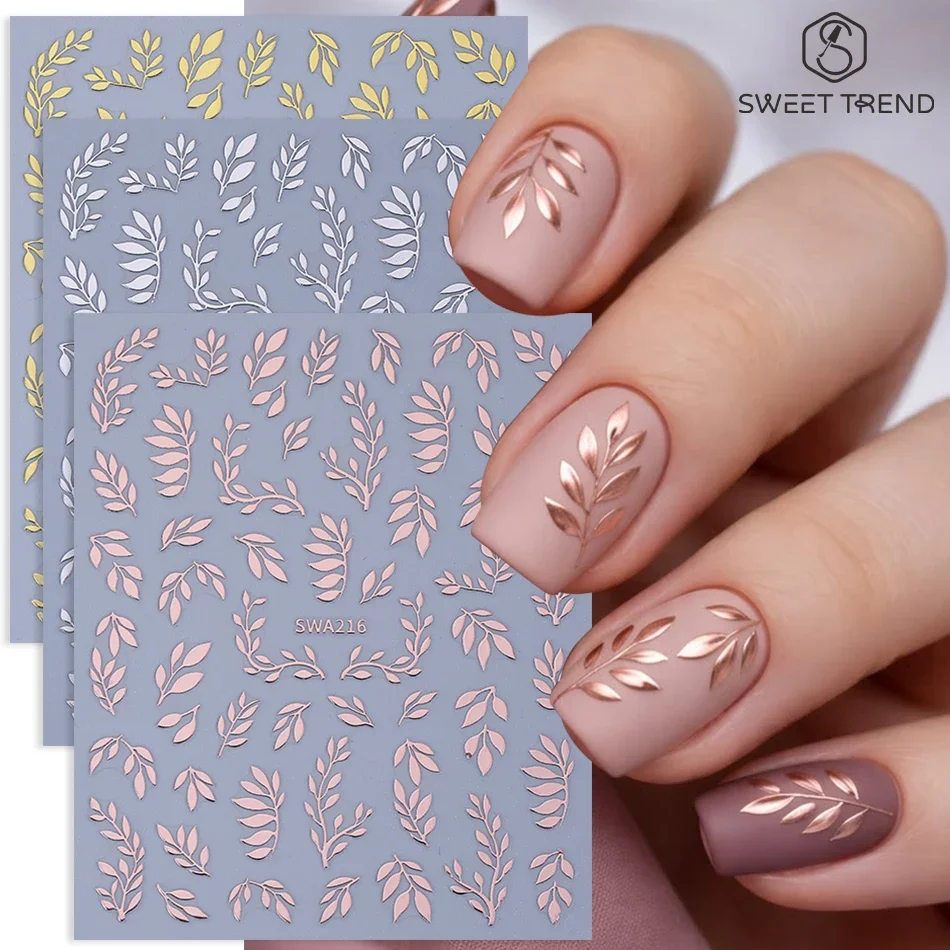 3pcs Bronzing Leaves Nail Stickers Rose Gold Silver Gold Leaf Simple Design Self Adhesive Nail Decal Elegant Manicure Decoration