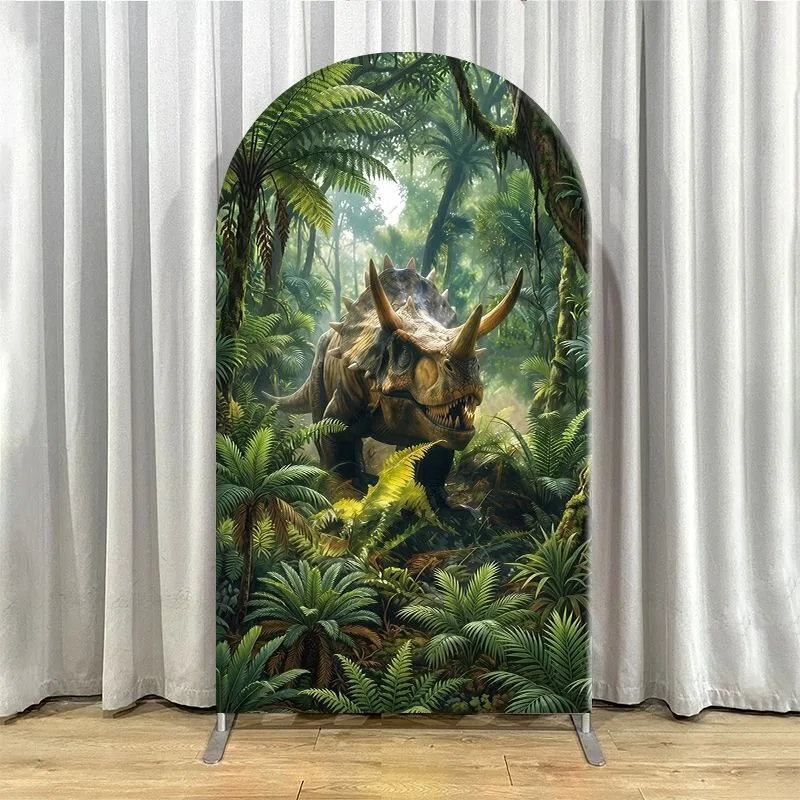 Single Side Arch Backdrop Cover Jurassic Theme Birthday Party Backdrop Featuring T Rex Triceratops and Jungle Greenery