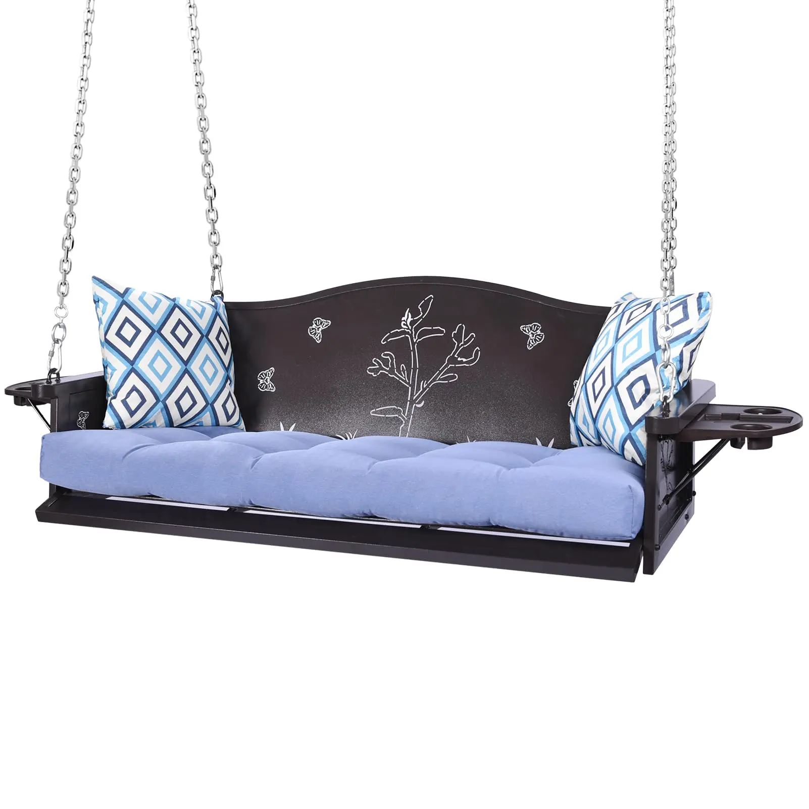 3-Seat Metal Porch Swing 900 LBS Heavy Duty Hanging Bench with Upgraded Tray & Cushions Rust-Resistant Finish Swing