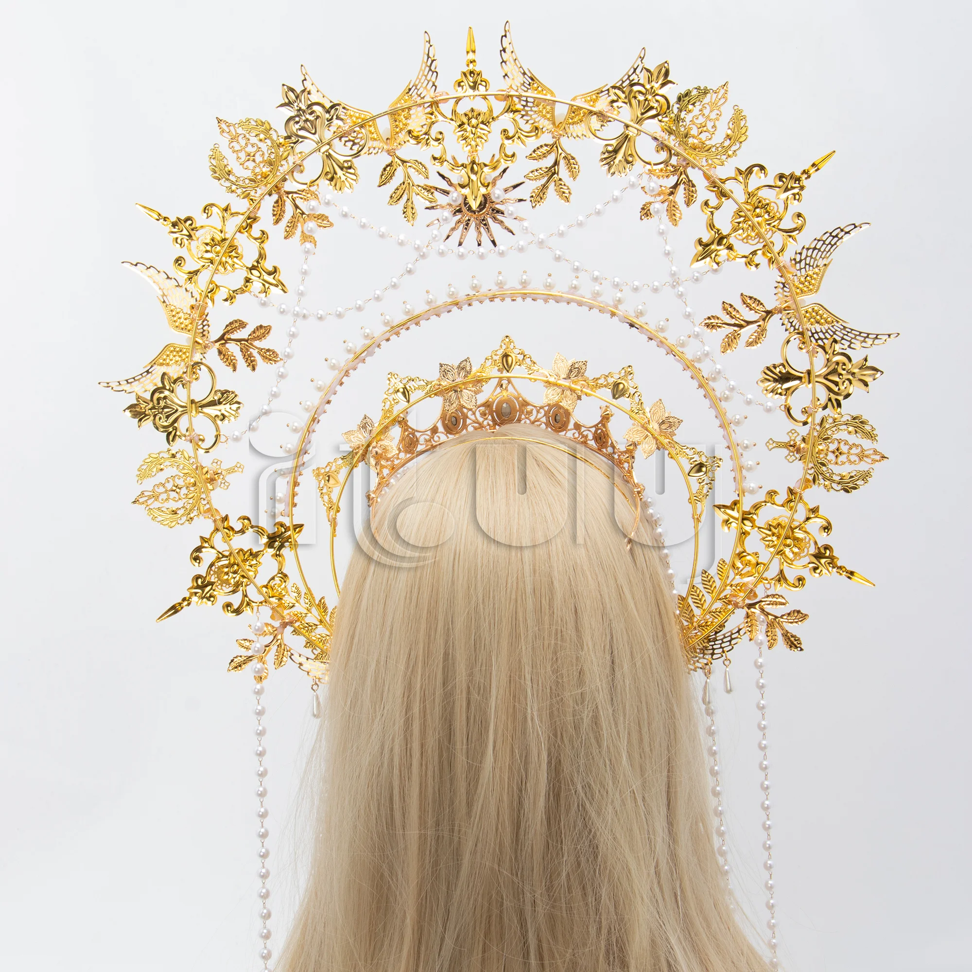 Sun Goddess Angel KC Halo Crown Headpiece Queen Anna Baroque Pearl Tiara Headband Lolita Collection Gothic Accessories