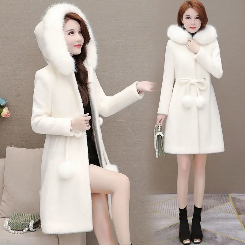 imitation Mink velvet coat female 2025 new winter clothing fashion Mid-Length Long sleeve slim hooded overcoat women tide T640