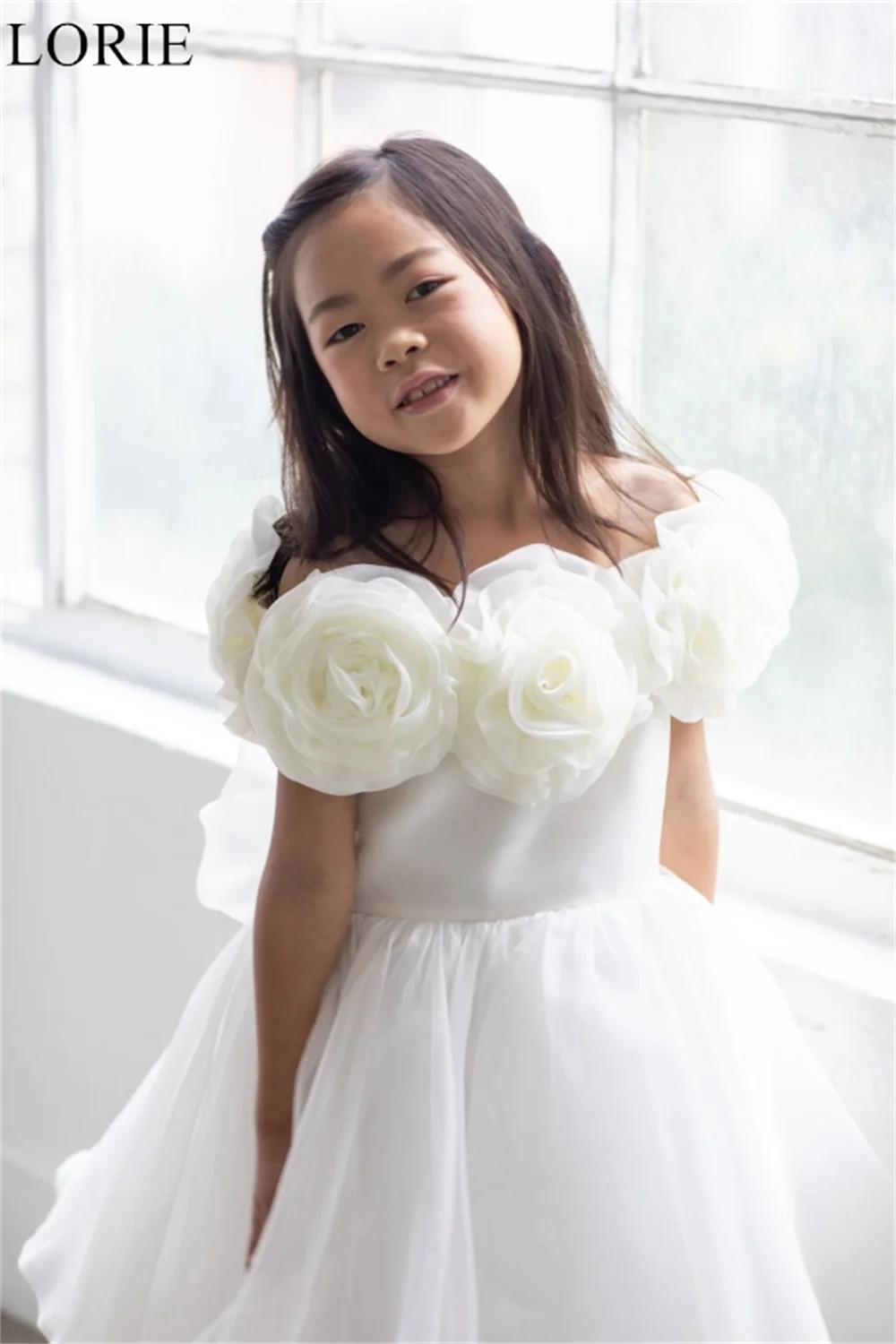 LORIE Pure White Organza Flower Girl Dresses A-Line Off Shoulder Flowers Pleated 2025 Princess Birthday Party Dress Customized