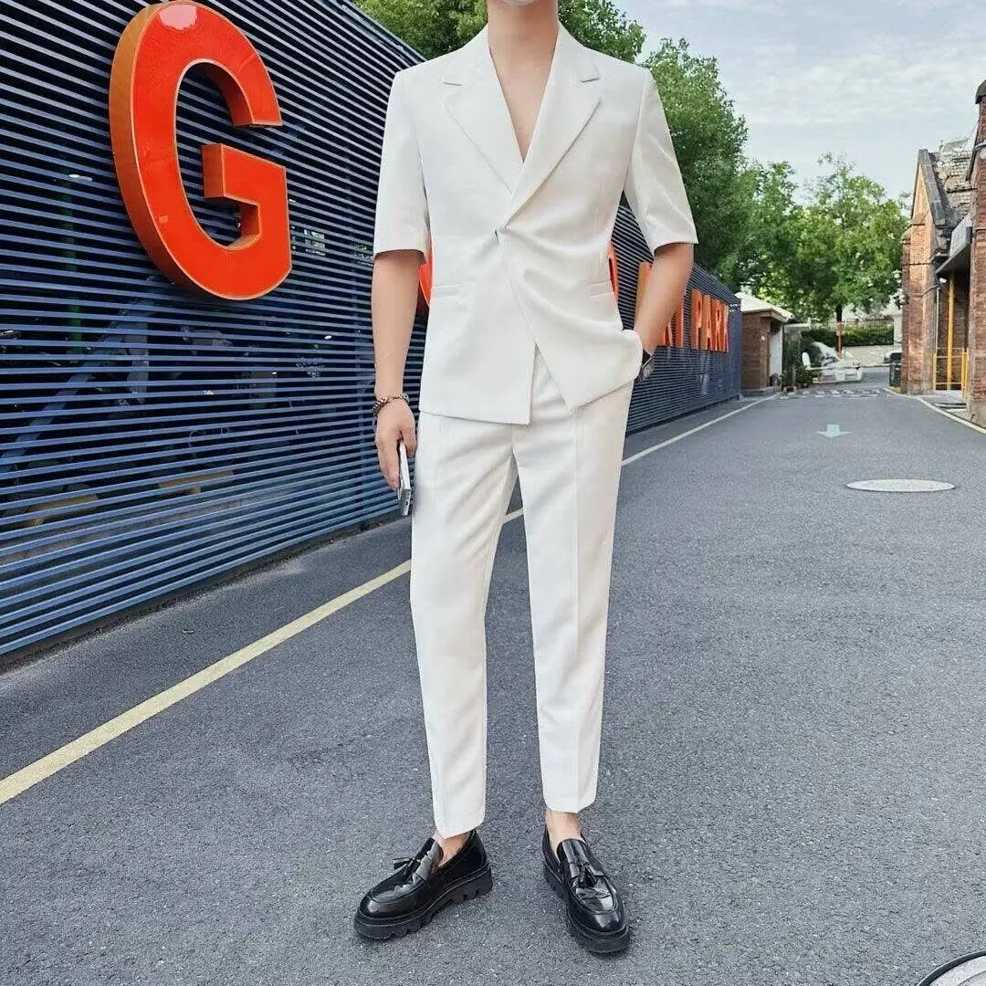 

Summer Thin Split Black White Suit Hairstylist Trendy Casual Cool Men's Mid-Sleeve Blazer Latest Coat Pant Designs Streetwear