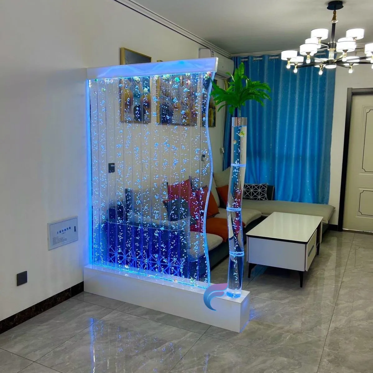 Customization.Home Decoration LED Waterfall & Bubble Wall Screens Movable Waterproof Glass with Steel Panel Room Divider