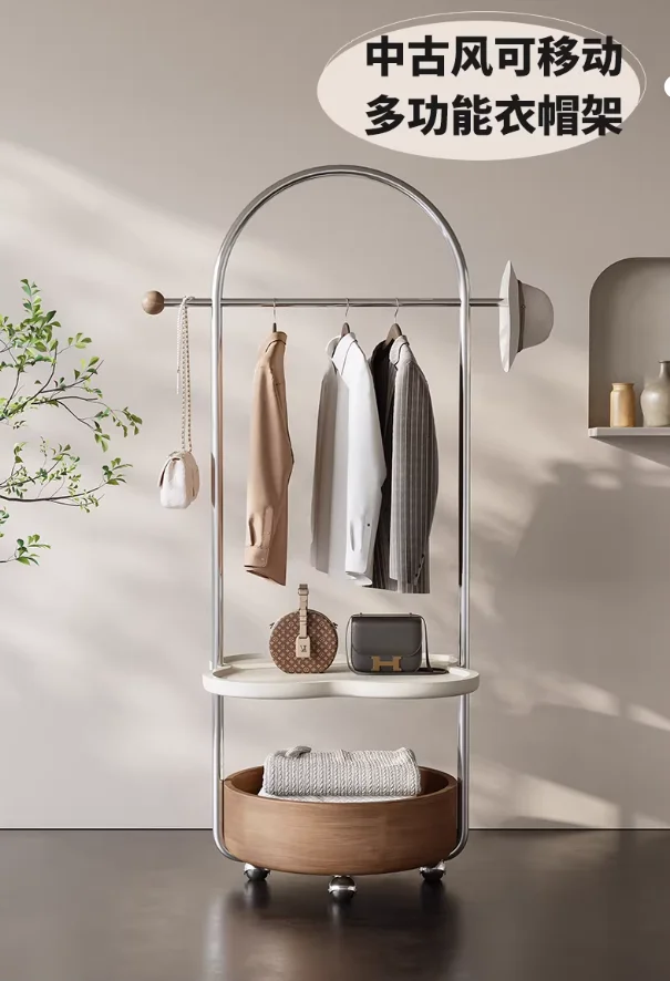 Floor-Standing Wardrobe Rack for Bedroom - 2026 New Model Stainless Steel Multi-Functional Solid Wood Mobile Side Table with Int