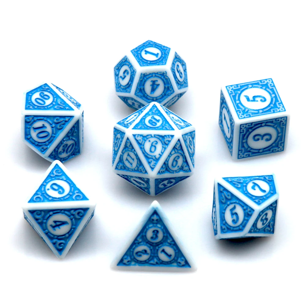 7Pcs White Blue Acrylic Polyhedral Dice Set Retro Pattern DND RPG Dice For Tabletop Role Playing Board Game Accessories