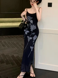 2024 Summer Harajuku Split Women Dress Slim Waist Tunic Sexy Sleeveless Printing Dresses Y2k Aesthetic Black Vintage Vestidos