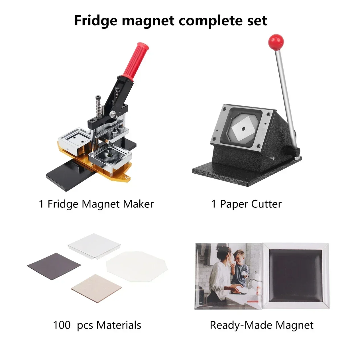 Fridge Magnet Machine Set Square DIY Magnet Badge Press Machine 50x50mm Rotary Metal Sheet with Cutter and 100 Magnet Parts