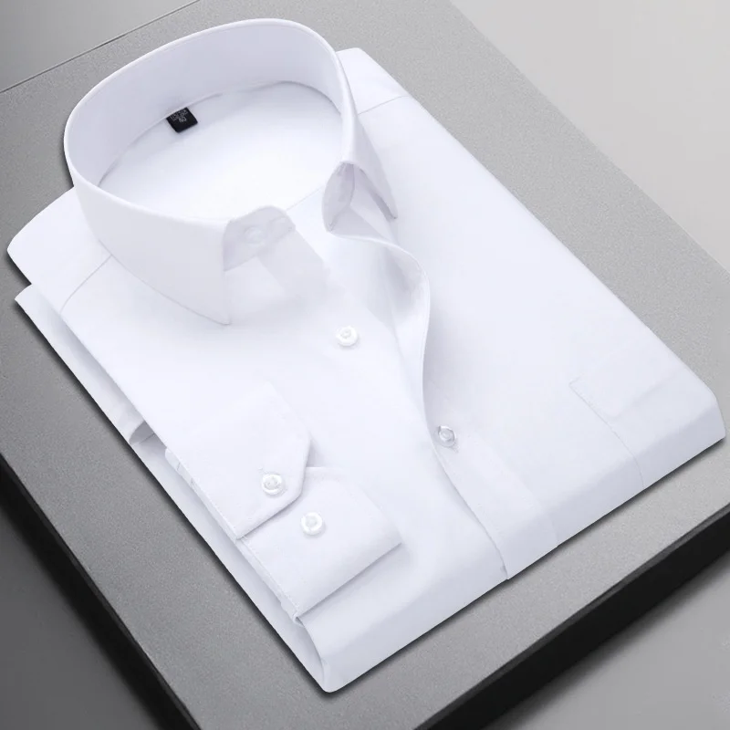 New Men Formal Shirt Long Sleeve Office Solid Color Anti-Wrinkle Fashion Business Pocket White Blue Social Pocket Shirts 6XL 7XL