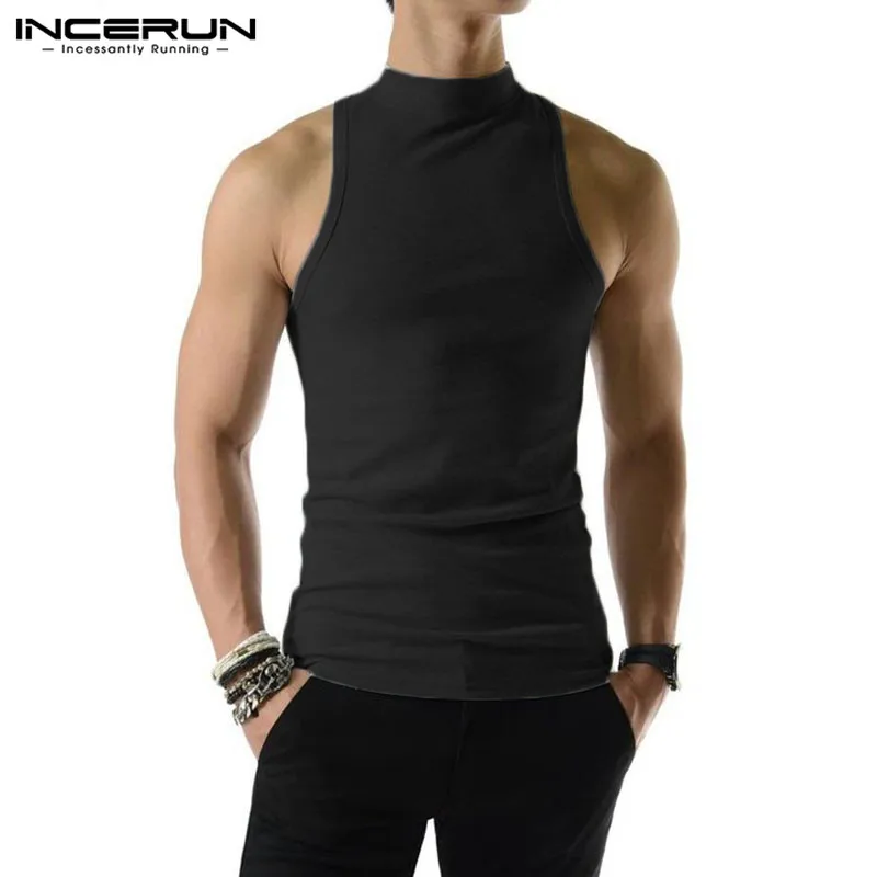 2023 Men Tank Tops Solid Color Turtleneck Sleeveless Knitted Casual Vests Summer Streetwear Fashion Men Clothing INCERUN S-5XL