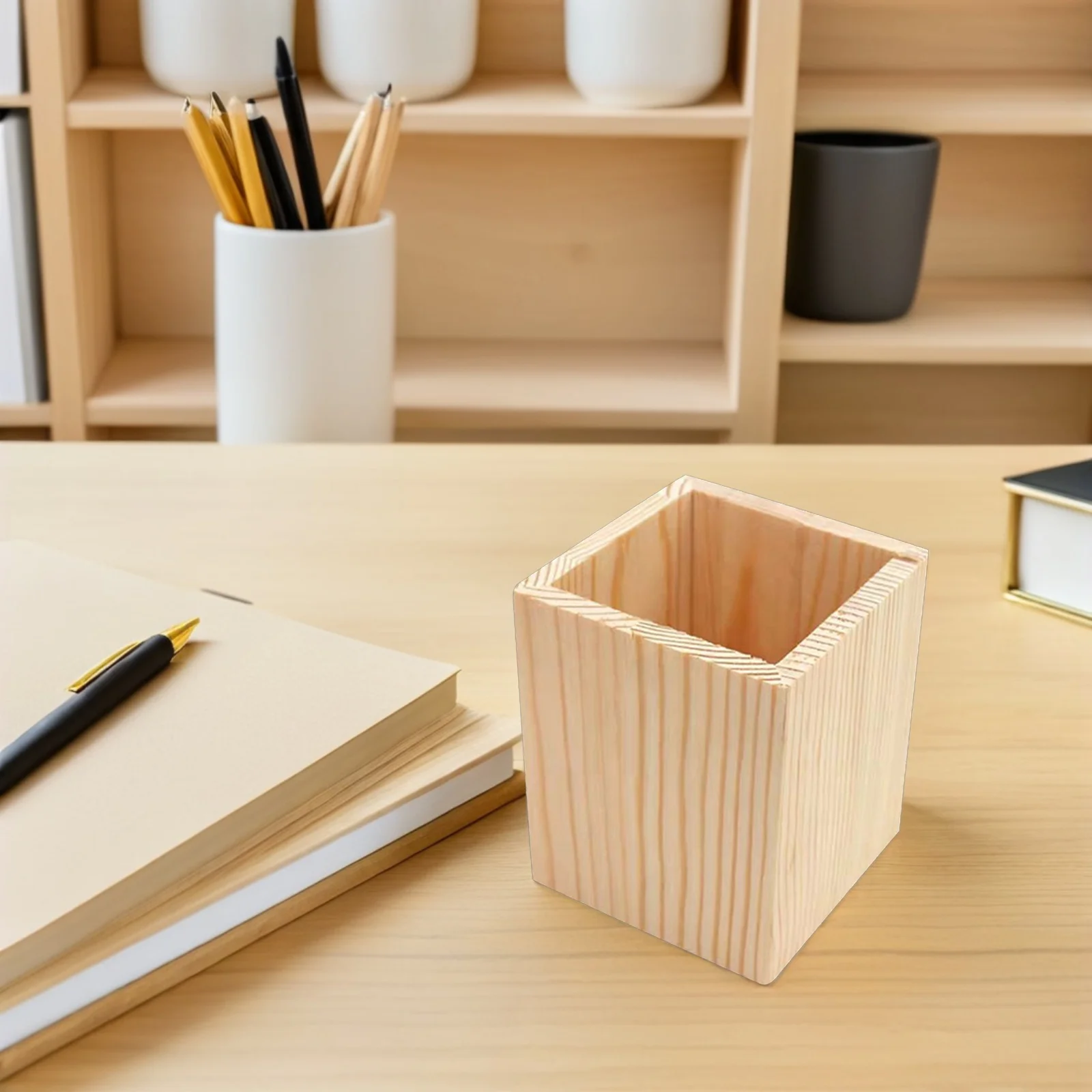 

2pcs Wooden Pen Container Brush Holder Stationery Organizer Desktop Pencil Cup Makeup Tool Storage Natural Wood Design Fresh