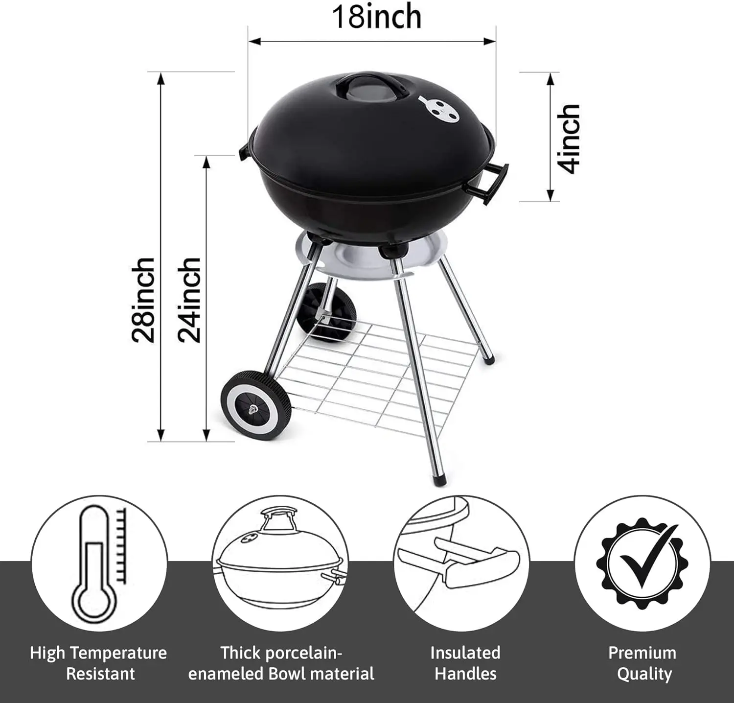 

18 Inch Portable Charcoal Grill with 4 Legs and Wheels for Outdoor Cooking Barbecue Camping BBQ Coal Kettle Grill - Heavy Duty R