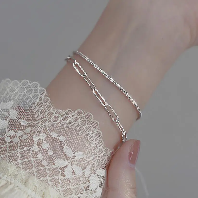 New 925 Sterling Silver Double Layer Bracelet Chain Style Simple Style Charm Bracelet Women\'s Birthday Gift Premium Jewelry