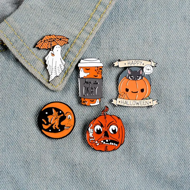 Happy Halloween Enamel Pin Custom Coffee Moon Ghost Pumpkin Umbrella Brooches Backpack Clothes Lapel Pin Fun Badge Jewelry Gift