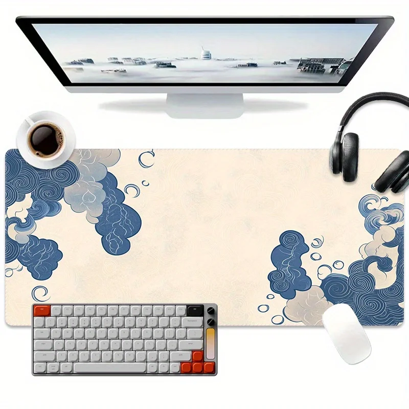 

XXL large-sized gaming mouse pad with anti-slip rubber base and blue cloud pattern large keyboard desk mat work PC accessories
