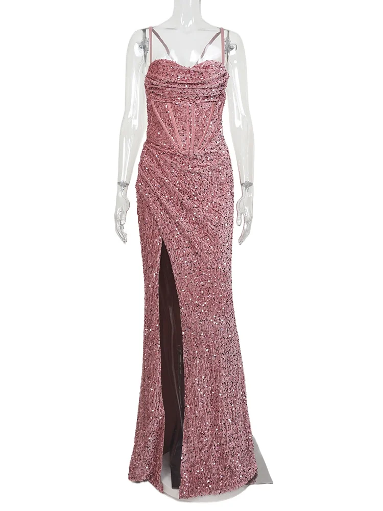 

Sexy Gorgeous Sequined Backless Spaghetti Straps High Split Long Formal Evening Dress