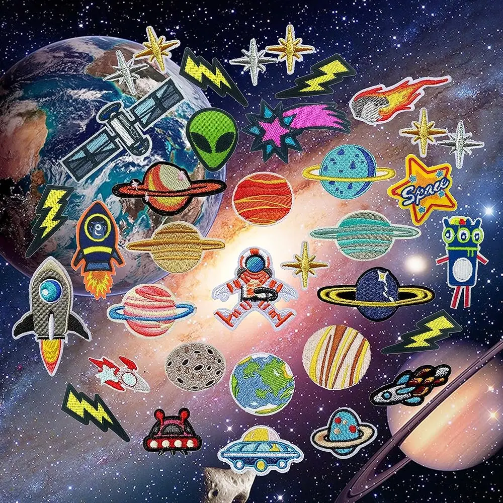 

Iron On Patches,Solar System Space Planets Embroidered Applique Kit Assorted Size Decoration Sew On Patches for Clothing, Jac