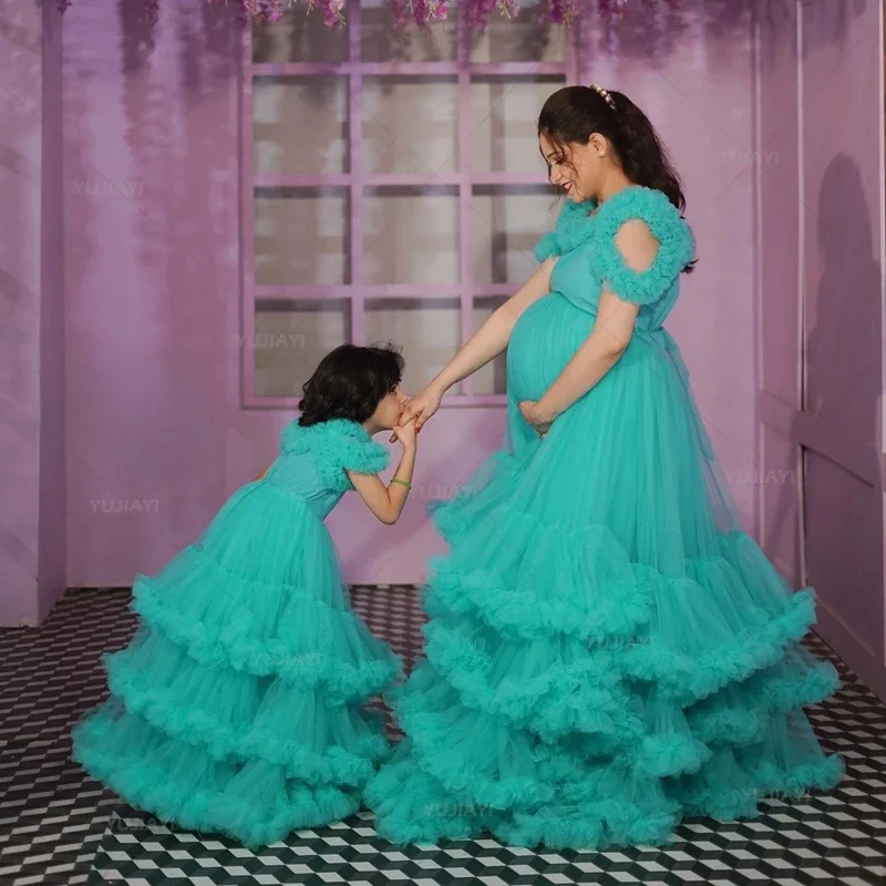 Mother and Daughter Puffy Tulle Prom Dress Ruffles Tiered Mom Kids Matching Dresses Birthday Party Gowns Family Look Photography