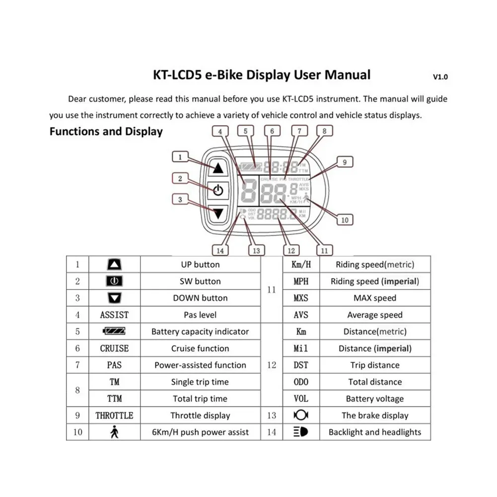 Pedelec Display E-Bike Gear Setting KT-LCD5 Onboard Smart Power Vehicle Boosting 24V 36V 48V High Quality Material