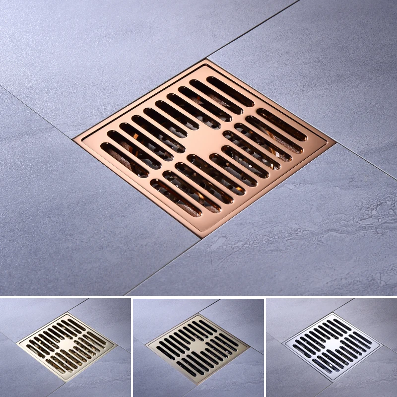 Drains Solid Brass Golden Silver Shower Drain Bathroom Square Cover Anti-odor Hair Strainer Balcony Floor Drain 100*100MM