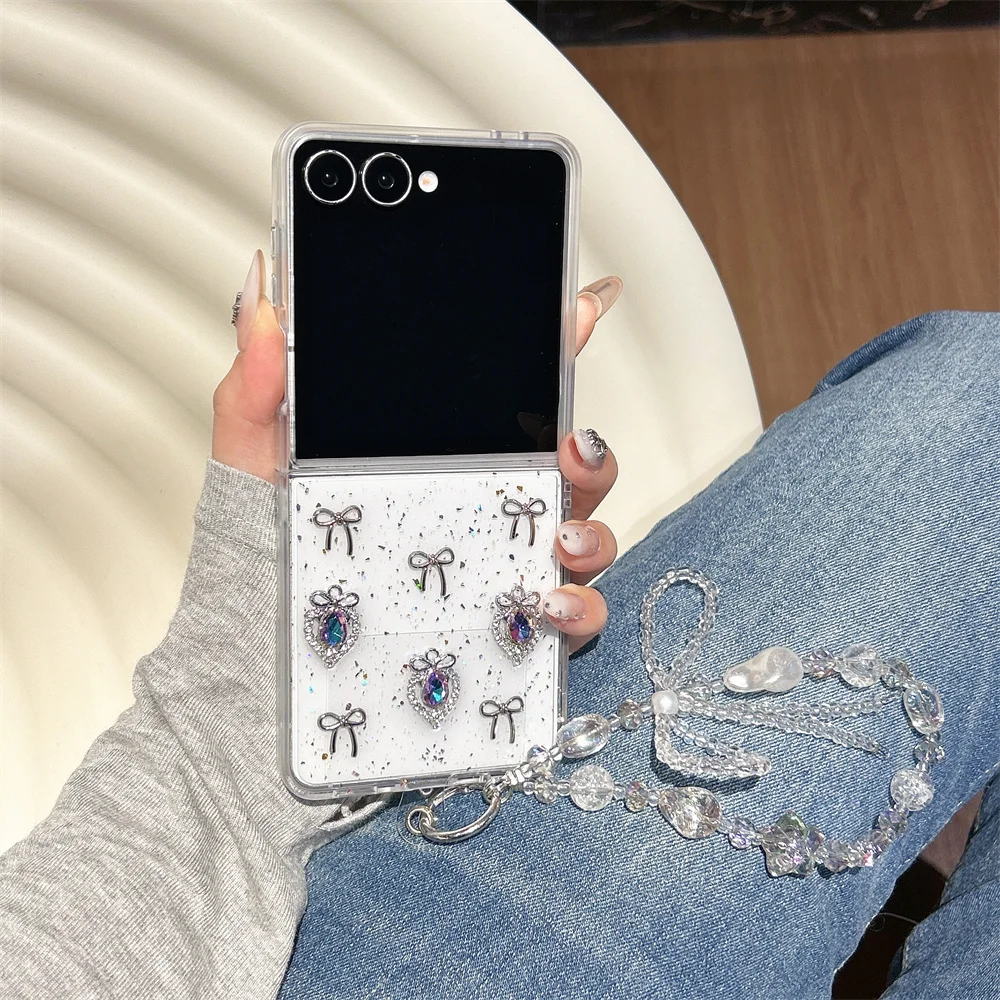 Elegant Glam Metal Purple Heart Bow Glitter Clear Phone Case for Samsung Galaxy Z Fold 7 Bead Wrist Strap Cover for Z Flip 7-3