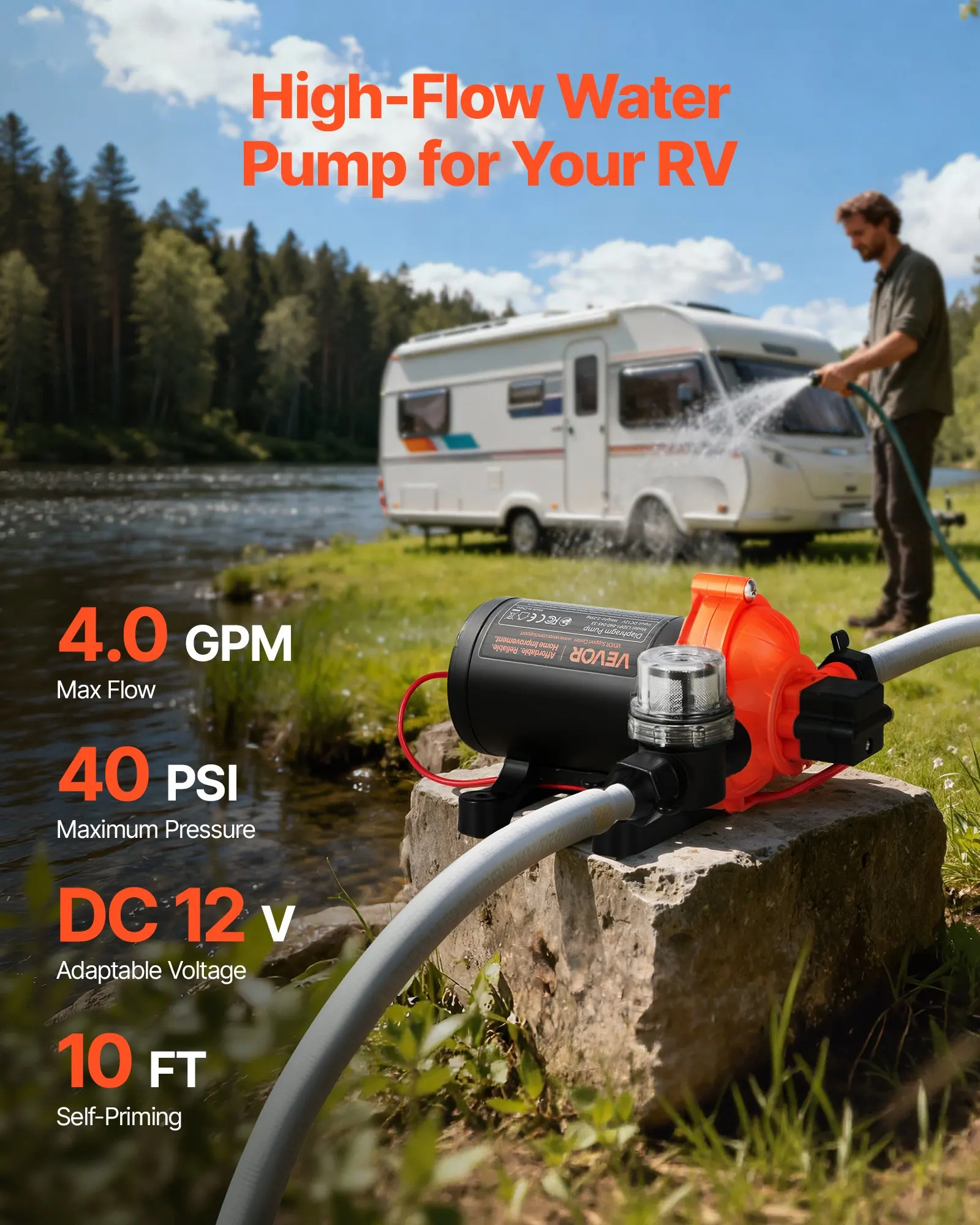 

RV Water Pump, 12V DC 4 GPM (15.1 L/min), 3-Chamber Self-Priming Diaphragm Water Pump With Automatic Pressure Switch, 40 PSI